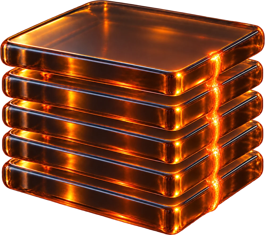 A stack of sealed glass plates, one seal line running down the side