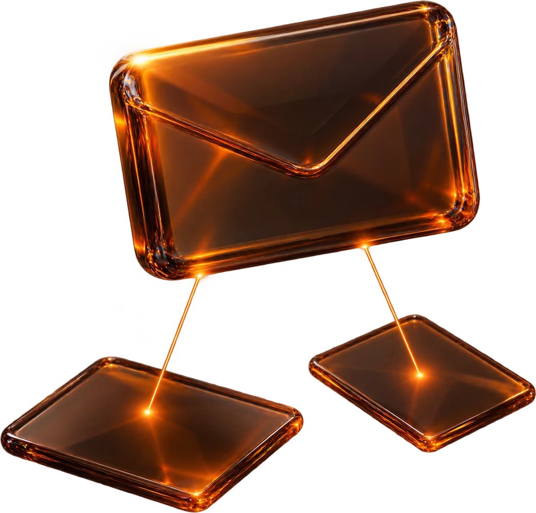 A glass reply card tethered by light to the two documents it cited