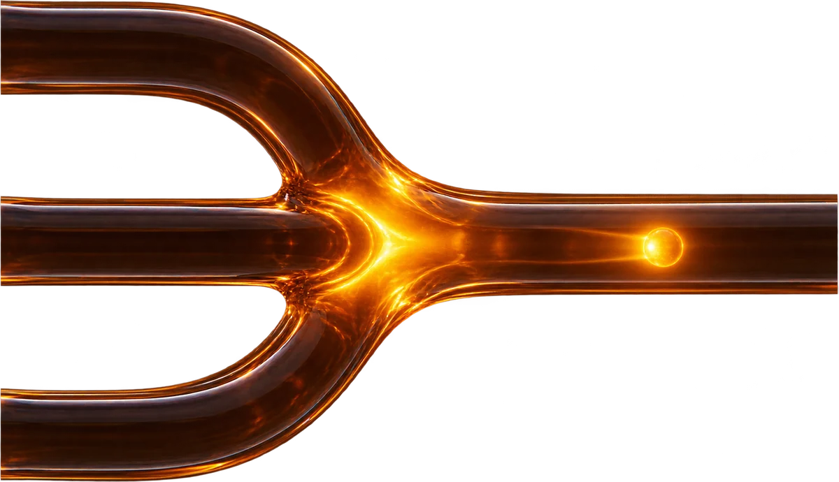 Three glass tubes merging into one, a bead of light inside