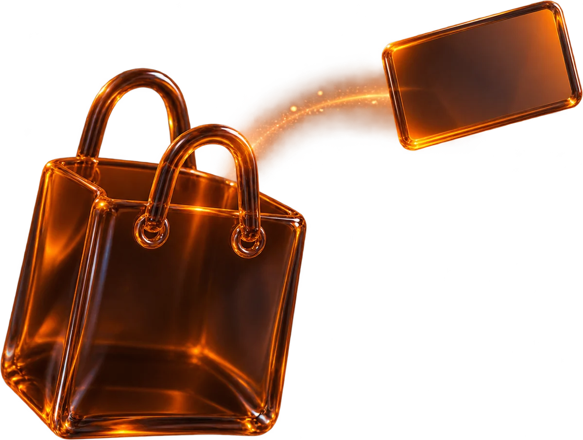 A glass shopping bag releasing a single glass order card