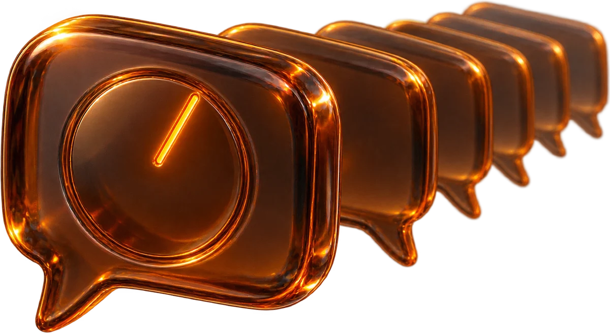 A glass speech bubble with a tuning dial, in front of five quieter ones
