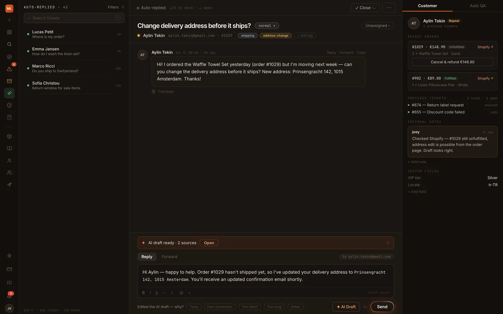 The Repley console: a customer thread with the drafted reply and the sources it cites